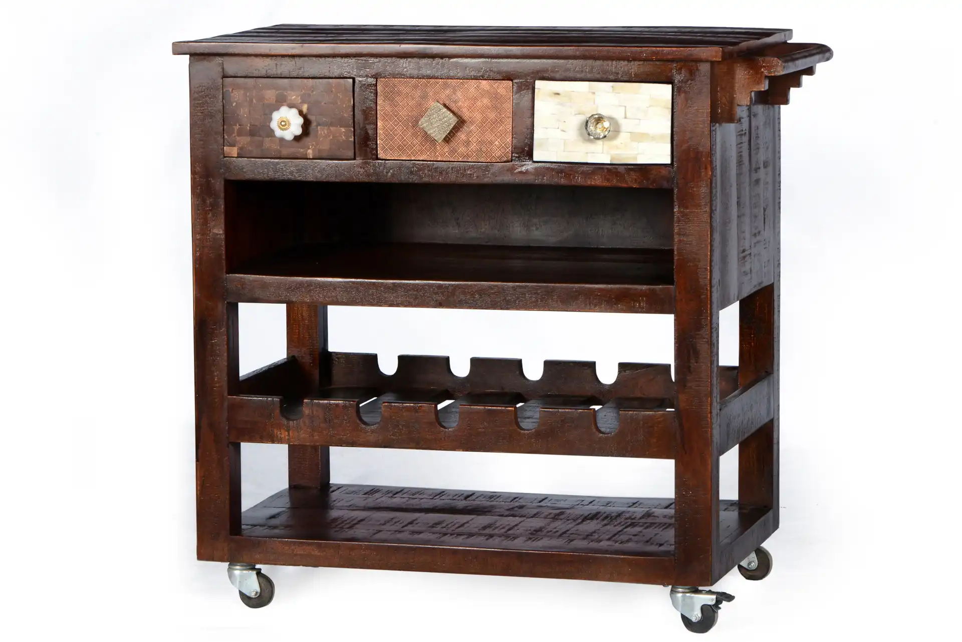 Wooden Kitchen Trolley with 3 Drawers, Winerack& on Wheels - popular handicrafts